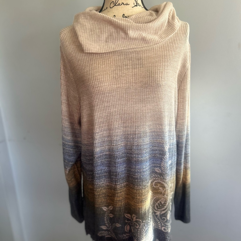 CJ Banks‎ Cream and Blue Cowl Neck Sweater with Ombre Design